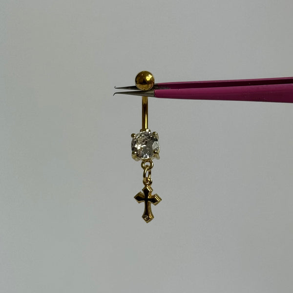 Gold Mini Cross Belly Bar