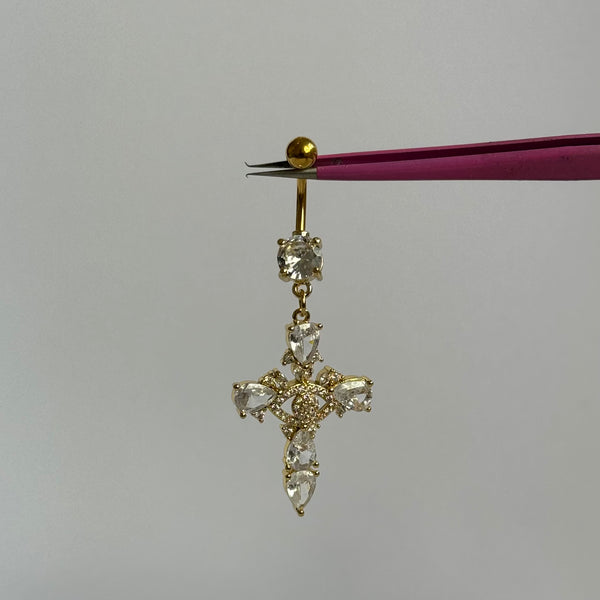 Gold 3D Cross Belly Bar