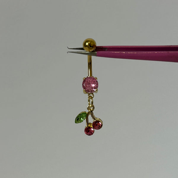 Gold Pink Dangling Cherry Belly Bar