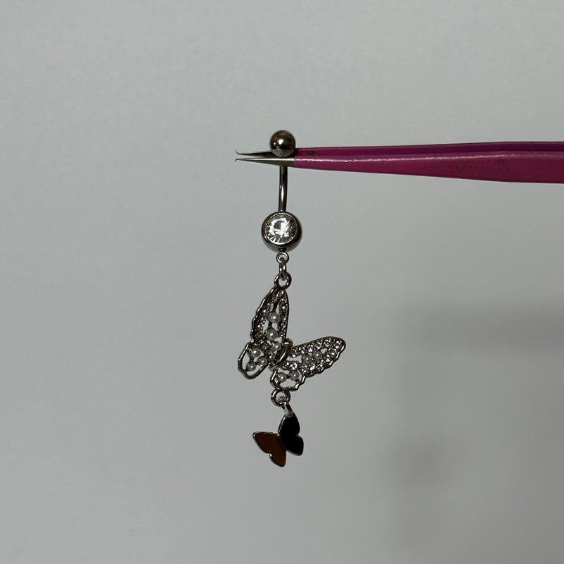 Silver Dangling Diamante Butterfly Belly Bar