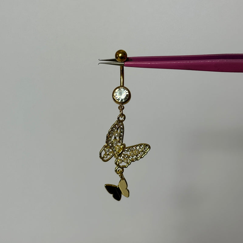 Gold Dangling Diamante Butterfly Belly Bar