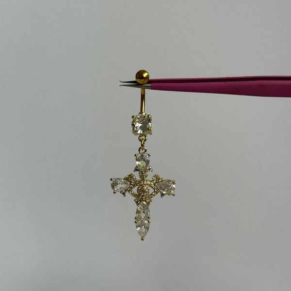 Gold 3D Cross Belly Bar