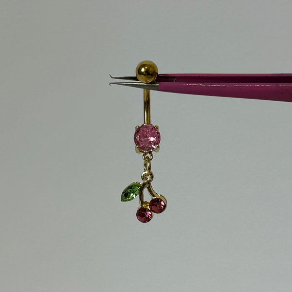 Gold Pink Dangling Cherry Belly Bar