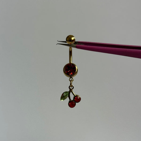 Gold Dangling Cherry Belly Bar