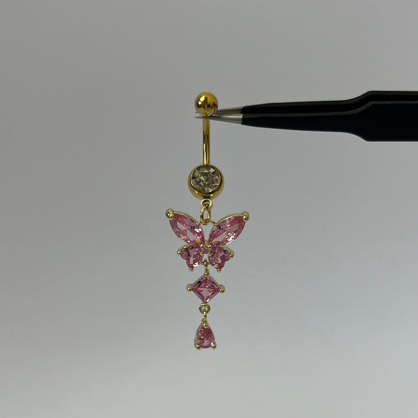 Pink Dangling Butterfly Belly Bar