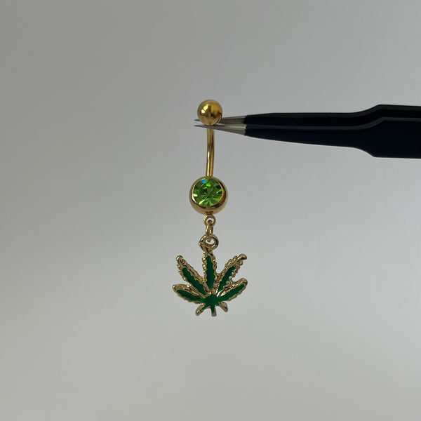 Gold Weed Leaf Belly Bar - Glow In The Dark