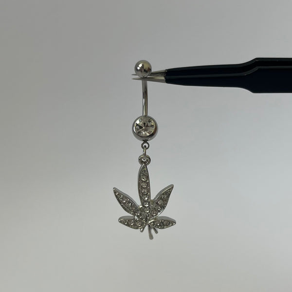 Diamante Weed Leaf Belly Bar - Silver